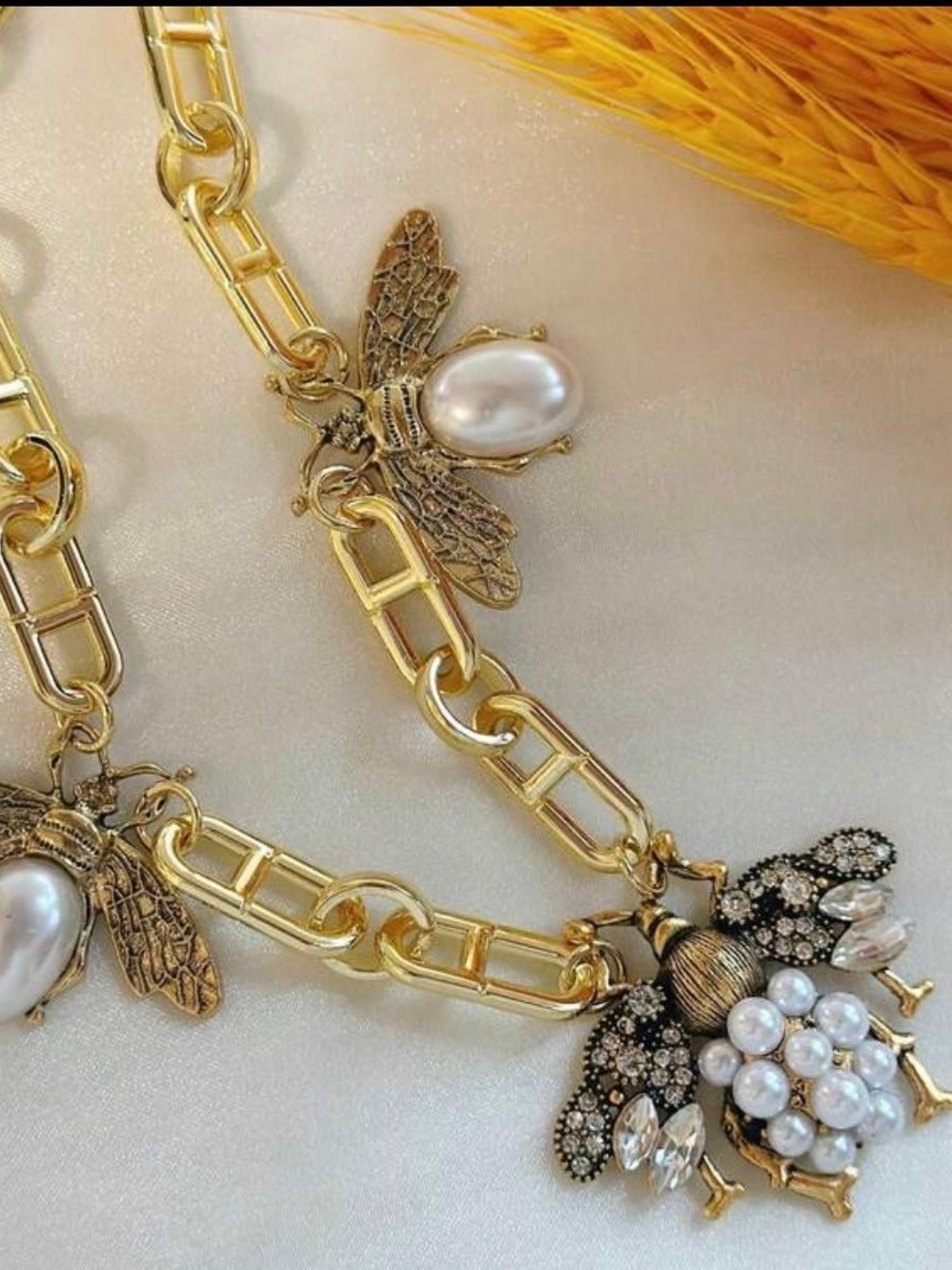 Gold Bee and Pearl Statement Necklace - Picture 5 of 5